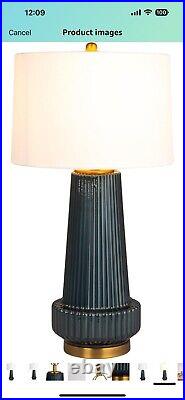 Creative Co-Op Ribbed Glass Table Lamp with Tapered Drum Shade, Deep Blue