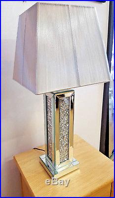 Crushed Crystal Mirror Glass Table Lamp with Silver Treaded Shade Modern Sparkle