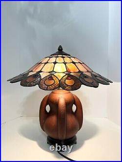 Dale Tiffany Signed Stained Glass 18 Tall Table Lamp, Shade Is 17 Across