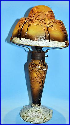 Daum Nancy Cameo Table Lamp Winter Enamel Woodland Paysage D'hiver Circa 1910