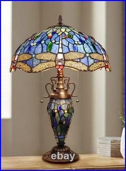 Dragonfly Stained Glass Table Desk Lamp Tiffany Style Double Lit 16 Wide Shade