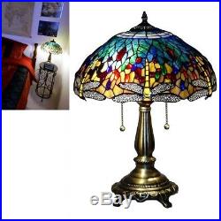 Dragonfly Table Lamp Yellow Blue Tiffany Style Bronze Base Stained Glass Accent