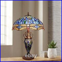 Dragonfly Tiffany Style Stained Glass Dark Bronze 3 Bulb Double Lit Table Lamp