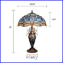 Dragonfly Tiffany Style Stained Glass Dark Bronze 3 Bulb Double Lit Table Lamp