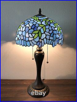 Enjoy Tiffany Style Table Lamp Blue Stained Glass Green Leaf Vintage H22W12 In