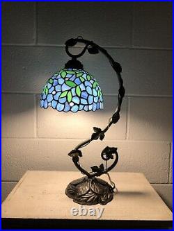 Enjoy Tiffany Style Table Lamp Blue Stained Glass Green Leave Vintage H21W11 In