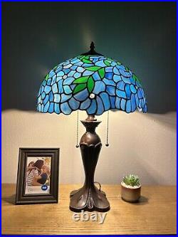 Enjoy Tiffany Style Table Lamp Blue Stained Glass Leave Vintage H24W16 Inch