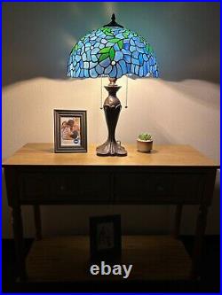 Enjoy Tiffany Style Table Lamp Blue Stained Glass Leave Vintage H24W16 Inch