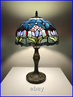 Enjoy Tiffany-Style Table Lamp Blue Stained Glass Tulips Flower Vintage 19H12W