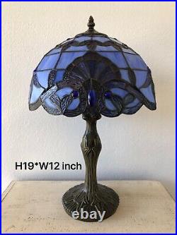 Enjoy Tiffany Style Table Lamp Blue Stained Glass Vintage H19W12 Inch