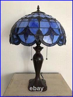 Enjoy Tiffany Style Table Lamp Blue Stained Glass Vintage H24W16 Inch