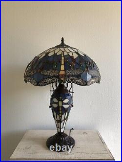 Enjoy Tiffany Style Table Lamp Dragonfly Blue Stained Glass Vintage H24W16 Inch