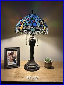 Enjoy Tiffany Style Table Lamp Dragonfly Sky Blue Stained Glass Vintage H22W12