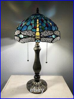 Enjoy Tiffany Style Table Lamp Green Blue Stained Glass Dragonfly Vintage 22H12W