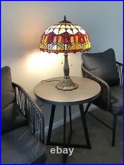 Enjoy Tiffany Style Table Lamp Red Tulips Stained Glass Vintage H24W16 Inch