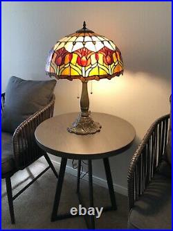 Enjoy Tiffany Style Table Lamp Red Tulips Stained Glass Vintage H24W16 Inch