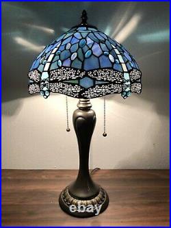 Enjoy Tiffany Style Table Lamp Sea Blue Stained Glass Dragonfly Vintage 22H12W