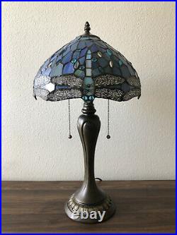 Enjoy Tiffany Style Table Lamp Sea Blue Stained Glass Dragonfly Vintage 22H12W