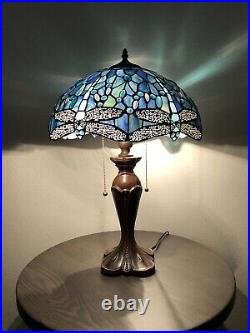 Enjoy Tiffany Style Table Lamp Sea Blue Stained Glass Dragonfly Vintage H24W16