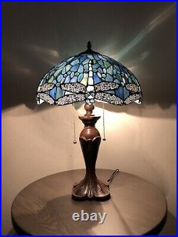 Enjoy Tiffany Style Table Lamp Sea Blue Stained Glass Dragonfly Vintage H24W16