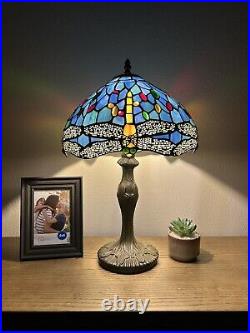 Enjoy Tiffany Style Table Lamp Sky Blue Stained Glass Dragonfly Vintage 19H12W