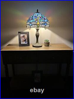 Enjoy Tiffany Style Table Lamp Sky Blue Stained Glass Dragonfly Vintage 19H12W