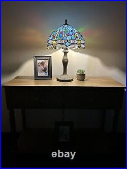 Enjoy Tiffany Style Table Lamp Sky Blue Stained Glass Dragonfly Vintage 19H12W