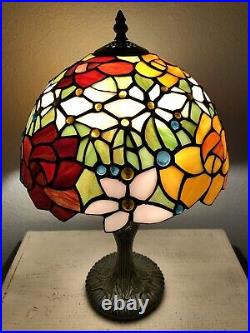 Enjoy Tiffany Style Table Lamp Stained Glass Rose Flower Vintage 19H12W