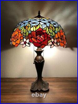 Enjoy Tiffany Style Table Lamp Stained Glass Rose Flowers Blue Vintage H24W16in