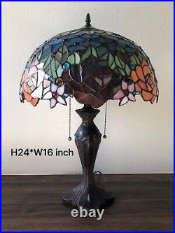 Enjoy Tiffany Style Table Lamp Stained Glass Rose Flowers Blue Vintage H24W16in