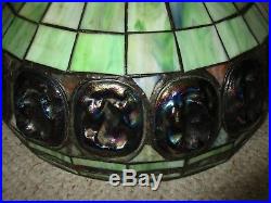 Ephraim Pottery 7 Handle Grueby Style Tiffany Turtleback Leaded Glass Style Lamp