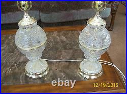 Etched Frosted Press Glass Round Vintage 2 Matching Table Lamps