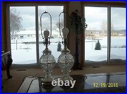 Etched Frosted Press Glass Round Vintage 2 Matching Table Lamps