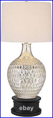 Farmhouse Table Lamp with Round Riser Mercury Glass Off-White Shade Living Room