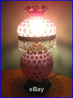Fenton Gwtw Cranberry Opalescent Coin Dot Prisms 3 Way Lighting Parlor Lamp