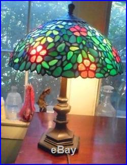 Fine antique Gorham bronze table lamp with floral stained leaded glass shade