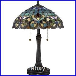 Floral 2 Light Table Lamp with Double Pull Chains Tiffany Art Glass Table