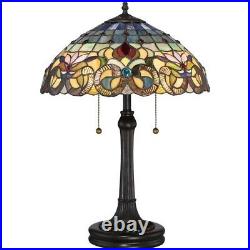 Floral 2 Light Table Lamp with Double Pull Chains Tiffany Art Glass Table