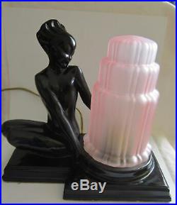 Frankart art deco fish face nymph table lamp black in metal and glass USA