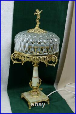 French vintage 1960 Brass caryatids putti angel crystal glass table lamp onyx