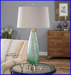 Frosted Sea Green Glass Table Lamp Lenado Brushed Brass Finish Accents 33H