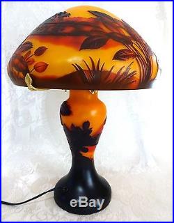 Galle Cameo Glass Table Lamp Signed Palm Tree/Mountain Motif 14 Tall Estate