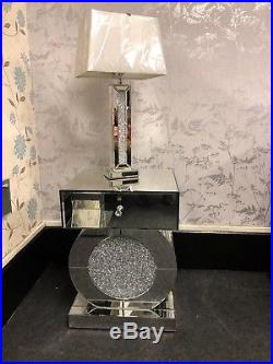 Glass Crushed Crystals 1 Drawer Mirrored Bedside Cabinet Lamp Table