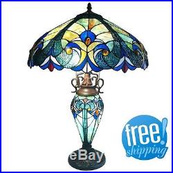 Glass Table Lamp Stained Lit Base 2 Lights Tiffany Style Vintage Beige Blue Pull