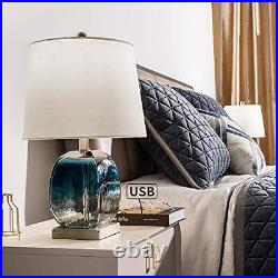 Glass Table Lamps Set Of 2 Blue Bedside Lamps With Usb Port 3way Dimmable Nights