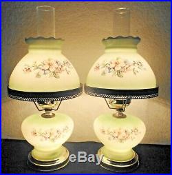 Gone With The Wind Pair Vintage 3-way Green Milk-glass Display Hurricane Lamps