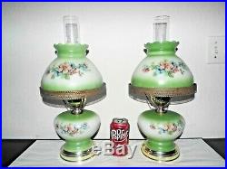 Gone With The Wind Pair Vintage 3-way Green Milk-glass Display Hurricane Lamps
