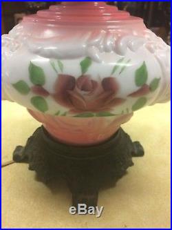 Gone With The Wind Vtg Puffy Lions Head Floral Milk-glass Parlor Lamp