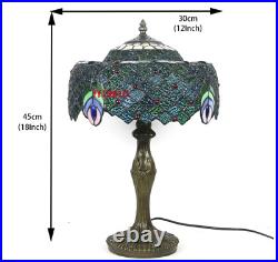 Green Tiffany Style Table Lamp Blue Stained Glass Shade Antique Desk Light 12