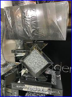 Grey noir mirrored table lamp with crushed crystal sparkle centre velvet shade